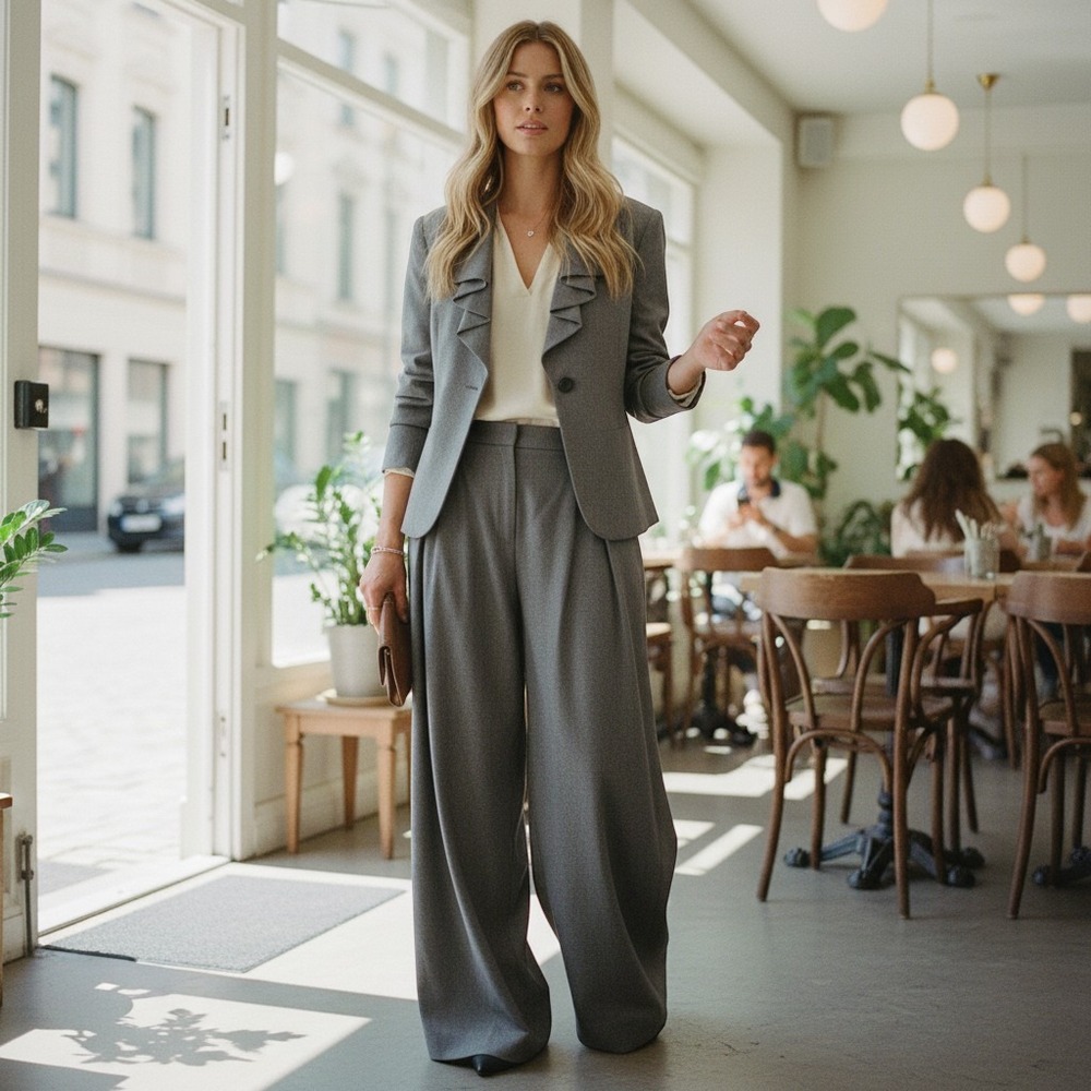 Le Suit Pant Suit 16W Gray Excellent Ruffle Collar Blazer Wide Leg Trousers Set